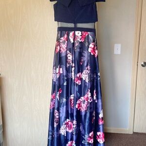 Betsy & Adam 6 Blue Floral Off Shoulder Dress Sleeveless Long Maxi Sheer Waist